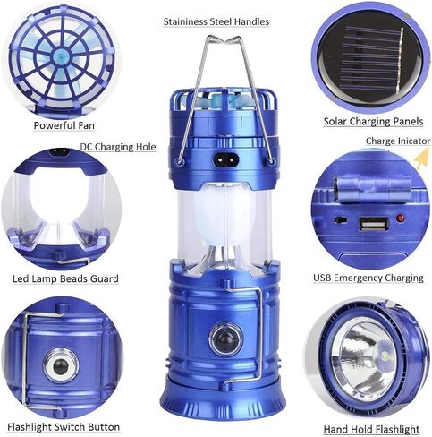 Camping Lantern with a Mini Fan,Portable Bright Solar Rechargeable Outdoor Flashlights Tent Light with USB Power Bank for Hiking,Hunting,Camping (Blue) in Saudi Arabia