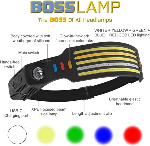 BossLamp المصباح الأمامي LED الأصلي بخمسة ألوان قابل لإعادة الشحن للتخييم، وإصلاح السيارات، وأضواء COB أكثر سطوعًا، 14 وضع إضاءة يجب اقتناؤها في الهواء الطلق، صغير، غير محدد in Kuwait