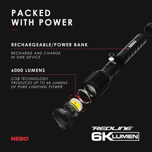 NEBO Redline 6K Lumen (6000 Lumen) مصباح يدوي LED عالي الطاقة قابل لإعادة الشحن 6822 مع حزمة ضوء القراءة LED EdisonBright USB التي تعمل بالطاقة in Saudi Arabia