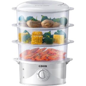 GDOR 3 Tier Electric Food Steamer for Cooking, 800W Vegetable Steamer for Fast Simultaneous Cooking, Boil Dry Protection, Dishwasher Safe, 60-Minute Timer, BPA-Free, 9.6 QT, Black