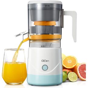 QCen Electric Citrus Juicer, Portable Orange Squeezer for Orange, Lemon, Grapefruit, One Touch Operation, Easy to Use and Clean, Electric Orange Juicer with Cleaning Brush (Black)
