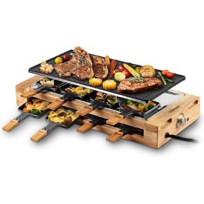 Indoor Grill, CUSIMAX Raclette Table Grill, 1500W Electric Grill Korean BBQ Grill with 2 in 1 Reversible Non-stick Plate/Wooden Base, Party Grill with 8 Trays & Wooden Spatulas, New Model