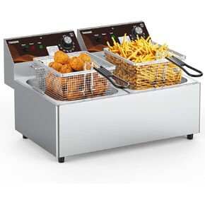 Commercial Deep Fryer with Baskets 20.7Qt Dual Tank Upgraded Electric Countertop Fryer Heavy Duty 1mm Thickened Stainless Steel Deep Fryers, 120V, 3600W, UL Certified