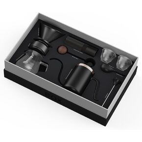 MAVO Pour Over Coffee Maker Set Includes Manual Coffee Grinder,Pour Over Kettle,Ceramic Dripper, Coffee Server Pot,2 tasting cup,Filter Paper,ALL in 1 Black Gift Box for Home Outdoors Office Camping