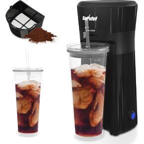 Sunvivi 20 Oz Iced Coffee Maker for Ground Coffee, Cold Brew Tea Maker with Reusable Coffee Filter and Insulated Pitcher, Single Serve Machine for Home, Strength Control for Flavor, Black