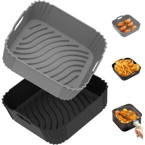 2 Pack Air Fryer Silicone Liners, Square Airfryer Liners, Silicone Air Fryer Liners Reusable for 4-6 QT, Air Fryer Accessories Replacement for Parchment, Airfryer Liners Silicone Gray&Black