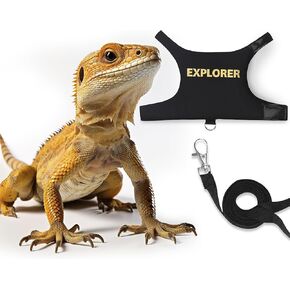 Bearded Dragon Leash and Harness Adjustable - Escape Proof Soft Leather Reptile Lizard Leash Harness with 5 ft Short Leash for Walking Outdoor