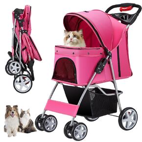4 Wheels Pet Stroller for Small Medium Dogs Cats 33 lbs, Breathable Foldable Jogger Stroller with Storage Basket, Travel Puppy Stroller for All-Season, Move Pad & Protective Lock, Purple