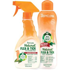 TropiClean Natural Flea & Tick Max Strength Shampoo & Bedding Spray Bundle, Flea & Tick Prevention, Dog Shampoo, Flea & Tick Treatment Protects & Repels - Made in USA