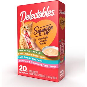 Hartz Delectables Squeeze Up Interactive Lickable Wet Cat Treats for Adult & Senior Cats, Variety with Catnip, 32 Count
