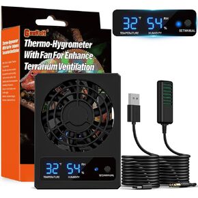 Reptile Terrarium Thermometer Hygrometer with Dehumidifier Ventilation Fan for Pet Rearing Box Reptile Tank LED Digital Thermometer and Humidity Gauge for Snake Bearded Dragon Gecko
