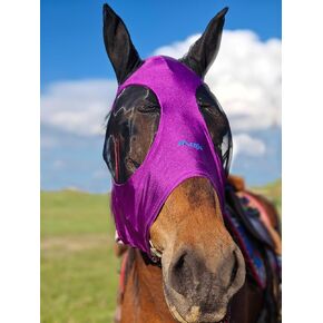 Azure Blue Menjo Outdoors Elastic Horse Fly Mask with Ears, Cobs/Arabians/Small Headed Horses