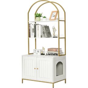 Cat Litter Box Enclosure,Litter Box Furniture Hidden with 2-Tier Storage Shelves,Wooden Cat Washroom Furniture with Metal Frame,Cat House,Modern style, White and Gold