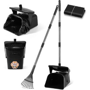 Stainless Steel Dog Pooper Scooper,40" Long Handle Swivel Bin, Rake and Spade,20 Waste Bags & Hook - Heavy Duty Portable Metal Poop Scooper for Large,Medium and Small Dogs