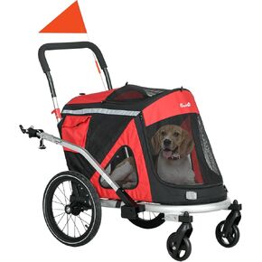 Aosom 2 in 1 Bike Trailer, Foldable Dog Bike Stroller with Aluminum Frame, Quick Release Wheels, Safety Leash, Anti-Slip Mat, Hitch Coupler, Reflectors, Flag for Medium Dogs