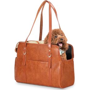 Dog Carrier Purse, Fashion Leather Pet Carrier with Pockets, Airline Approved Soft Sided Dog Carrying Bag for Puppy Cat Dog Brown