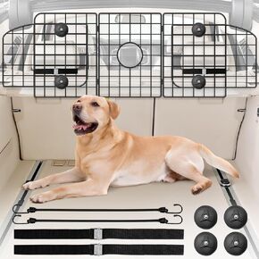 Dog Car Barrier for SUVs,Universal-Fit Car Divider for Dogs,Adjustable Heavy-Duty Wire Mesh Pet Barrier for Car,Folding Design is Easy to Install and Store,Includes 2 Elasticated Cords and Carabiners