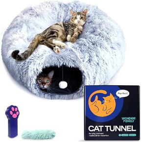 Cat Tunnel Bed – Cat Donut Tunnel Combining Cat Bed, Peekaboo Cat Cave, & Cat Tube – Cat Cave Bed with Cat Toys for Indoor Cats Included – 2 Cat Tunnels for Indoor Cats Large, 1 Lazer Paw, 1 Ball