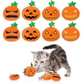 Halloween Pumpkin Toys for Cats Plush Teething Toys Featuring Pumpkin with Range Expressions Embroidery Designs Interactive Plush Toys for Kittens and Cats (8PCS)