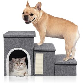Dog Stairs with Storage for High Bed and Couch, Folding Dog Ramp for Small Medium Dogs and Cats, 3 Steps Portable Pet Steps with Cozy Condo, Cat Scratcher, Nice Pet Stairs for Cats