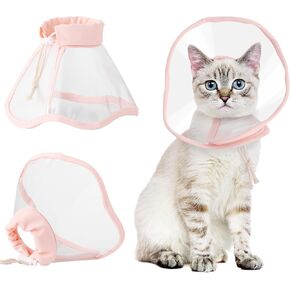 BENCMATE Cat Cone, Drawstrings Cat Cone Collar with Low Noise Fasteners, Transparent Cat Recovery Collar, Licking and Scratching Free Cone, Extra Soft Cat Surgery Collar (Pink,Large)