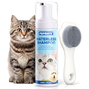 7oz Waterless Cat Shampoo with Cat Brush - No Rinse Foam Dry Shampoo | Deep Cleansing Relieves Itchy Skin | Gentle, pH-Balanced for Kittens Sensitive Skin | Specifically for Cat Bath