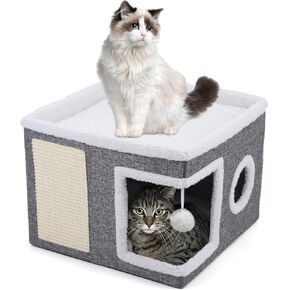 2-Storey Cat House for Indoor Cats, Separate Into 2 Large Cat Bed Cave with Hideaway Condos, Scratch Pads, Hanging Balls, Foldable Indoor Cat House Hold Up to 30LBS, Cat Cube for Multiple Cats Kitten