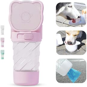 Portable Dog Water Bottle with Food Container and Poop Bag Dispenser, Travel Water Bottle for Dogs, Puppy Small Medium Dog Water Bowl Dispenser, 3-in-1 Cute Pet Water Bottle (Pink, 10OZ)