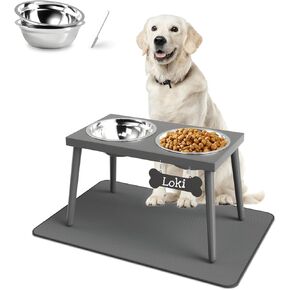 Metal Raised Dog Bowl Stand for Large and Medium Dogs, Stronger Elevated Dog Bowls with Sprill Proof Mat, 10" Tall Dog Feeder (42OZ-Stainless Steel Dog Bowls, Mat-16x24), Grey