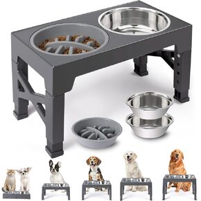 Heeyoo Elevated Dog Bowls, 5 Adjustable Heights Raised Dog Bowl Stand, with 2 Stainless Steel Dog Food Bowls and 1 Slow Feeder Dog Bowl, Adjusts to Height 3.2" to 12.2" for Small Medium Large Dogs