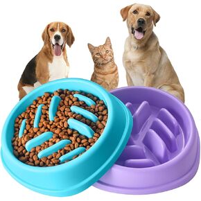 Slow Feeder Dog Bowls 2 Pack, Anti-Slip Slow Eating Dog Bowl, Maze Dog Food Bowl, Anti-Choking Puzzle Feeder Dog Bowl, Slow Feeder Bowl for Dogs & Cats, All Breeds Pets (Blue&Purple)