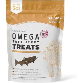 Chew + Heal Labs Omega Salmon Jerky Dog Treats - 5 oz of Soft Salmon Jerky for Skin and Coat - Made with Wild Alaskan Salmon, Flaxseed, Oat Flour, and More - Made in The USA