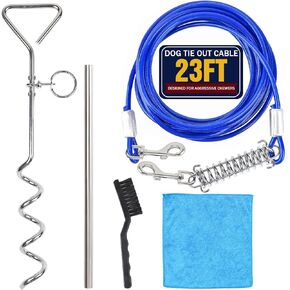 6 PCS Dog Tie Out Cable and Stake, 23FT Heavy Duty Cable with Spring, 16" Anti Rust Spiral Ground Stake, Dog Gadget, Dog Chain for Yard Lawn Beach Camping, Suit Medium Large Dogs Up to 60 Lbs