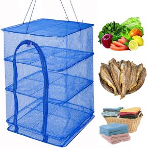 Drying Rack 4 Layers Folding Fish Mesh, Foldable Nylon Netting, Hanging Drying Fish Net, for Shrimp Fish Fruit Vegetables Herb, with Zipper Opening-Blue (25.59X13.78X13.78 in)…