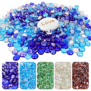 10Ib Fire Glass Beads for Fire Pit - 0.6"- 0.7" Firepit Glass Rocks for Natural,Propane or Gas Fireplace, Decorative Flat Glass Marbles for Vase, Aquarium, Home Decor (BlueMixed)