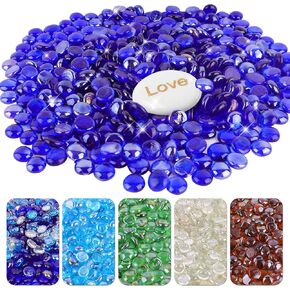 10Ib Fire Glass Beads for Fire Pit - 0.6"- 0.7" Firepit Glass Rocks for Natural,Propane or Gas Fireplace, Decorative Flat Glass Marbles for Vase, Aquarium, Home Decor (BlueMixed)