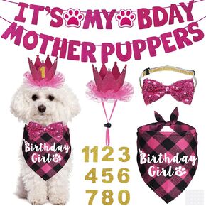 Dog Birthday Decorations, Multi Sizes Dog Birthday Bandana Girl Dog Birthday Hat Crown Bow Tie Birthday Numbers It’s My Bday Mother Puppers Sign Banner for Small Dogs Pets (Pink, Small)