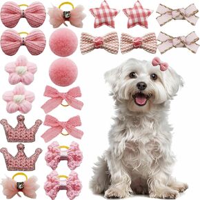 20pc Pink Dog Hair Bows with Rubber Bands, Bowknot Top Knot Grooming Flower Ball Bows Hair Accessories for Pet Puppies Yorkie Teddy Pink Small Dog Hair Accessories (Pink)