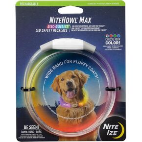 Nite Ize NiteHowl Max Rechargeable LED Safety Necklace - Dog Accessories for Long & Fluffy Coats - LED Glow Necklace for Dogs - Disc-O Select