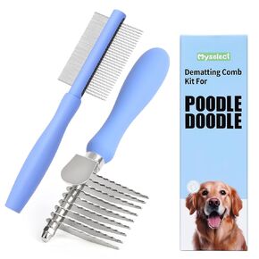 Dematting Comb for Dogs Poodle Doodle, Dematting Rake & Detangling Dual-Sided Comb Tool for Long Curly Haired Poodle Doodle Goldendoodles & Any Mix, Grooming Brush Kit for Removing Mats and Tangles