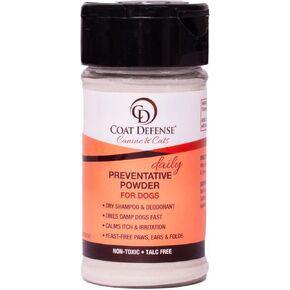 COAT DEFENSE Preventative Powder | Made in USA | 3.5oz Waterless Dog Shampoo & Pet Deodorizer for Smelly Dogs | Provides Anti Itch Relief | Dog Shampoo for Dry Itchy Skin & Smelly Dogs