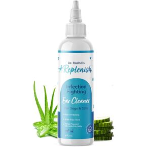 Replenish Ear Cleaner for Dogs and Cats - Dr. Rachel's Alcohol Based Gentle Ear Cleansing Solution with Aloe Vera-Infused Cucumber Melon Scent - 8 oz