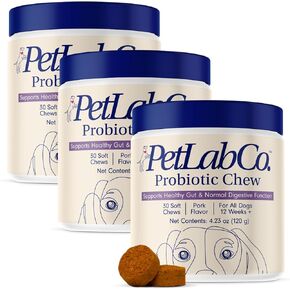 شركة PetLab البروبيوتيك للكلاب، يدعم صحة الأمعاء، والإسهال، وصحة الجهاز الهضمي والحساسية الموسمية - نكهة سمك السلمون - 30 مضغًا ناعمًا