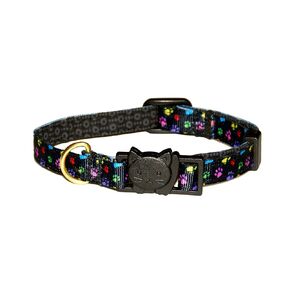Colorful Pawprints Kitten Collar - Paw Prints on Black Ribbon - 3/8 Inch Wide - 2 Sizes Adjusts 6 to 8.5 or 7.5 to 12 Inches - Breakaway Safety Buckle (Cat - 7.5 to 12 Inches)