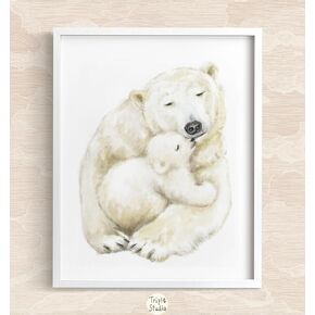 Cuddle Up with Cuteness: Baby Polar Bear and Mom Wall Art Print | Watercolor Painting for Gender Neutral Nursery Decor - UNFRAMED, Signed by Artist