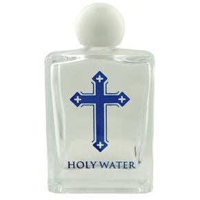 Glass holy water bottle with blue cross | Blue-Tone Cross and Lettering | Church Supplies | Portable for Home and travel | Durable | Christian home goods