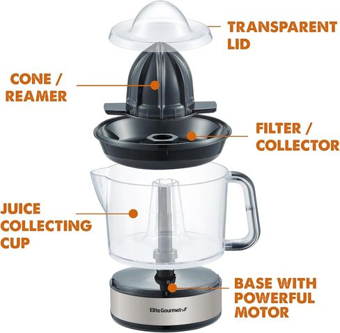 Elite Gourmet ETS623 BPA-Free Electric Citrus Juicer, Compact, Large Volume, Pulp Control, Oranges, Lemons, Limes, Grapefruits with Easy Pour Spout, 24oz, Black/Stainless Steel in Saudi Arabia
