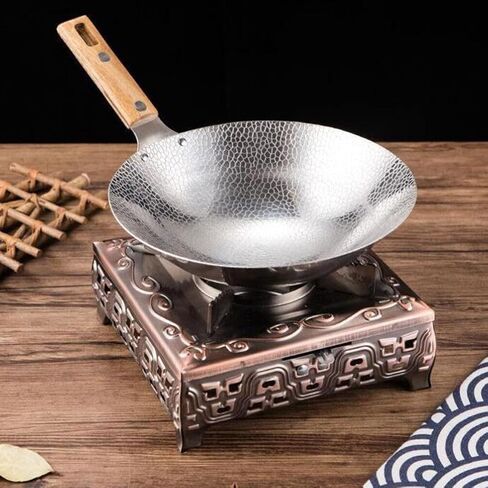 مقلاة Luxshiny مقلاة غير قابلة للالتصاق من الفولاذ المقاوم للصدأ مع مقبض خشبي 24 سم مقالي تقليدية مستديرة من الأسفل مطروقة يدويًا وعاء الطبخ لتحريض الغاز أو الموقد الكهربائي in Kuwait