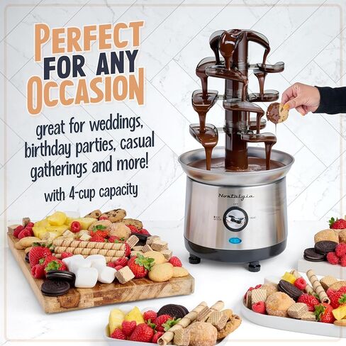 Nostalgia 4 Tier Electric Chocolate Fondue Fountain Machine for Parties - Melts Cheese, Queso, Candy, and Liqueur - Dip Strawberries, Apple Wedges, Vegetables, and More - 32-Ounce - Stainless Steel in Saudi Arabia