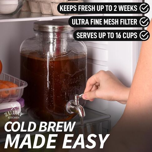 Zulay 1 Gallon/128oz Cold Brew Maker – Thick Glass Cold Brew Pitcher with Stainless Steel Filter, Lid & Spout – Large Cold Brew Coffee Maker - Iced Coffee & Sun Tea Pitcher for Fridge – Silver in Kuwait